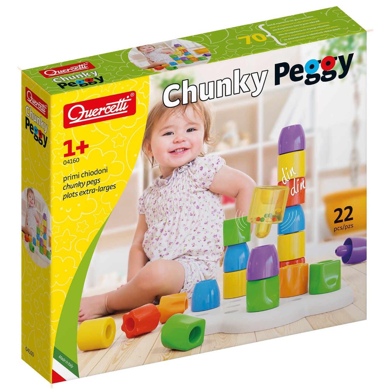 Quercetti: Chunky Peggy - 22pc Peg Blocks Stacking Toy, Shapes Sorting Set, Colorful Building, Rattle Block, Original Daisy Basket, Baby & Toddler 1+